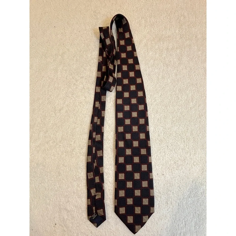 Vintage Handmade in Italy Silk Tie Burgundy Black Gold Geometric Checkerboard